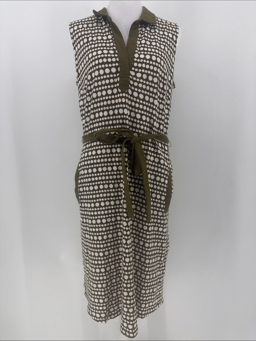 Boden Olive Dot Sleeveless Tie Waist Midi Dress‎ US 8 UK 12 Cotton